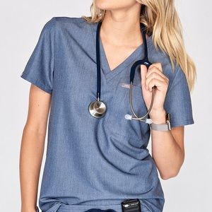 Figs Catarina Scrub Top Heather Denim NWT